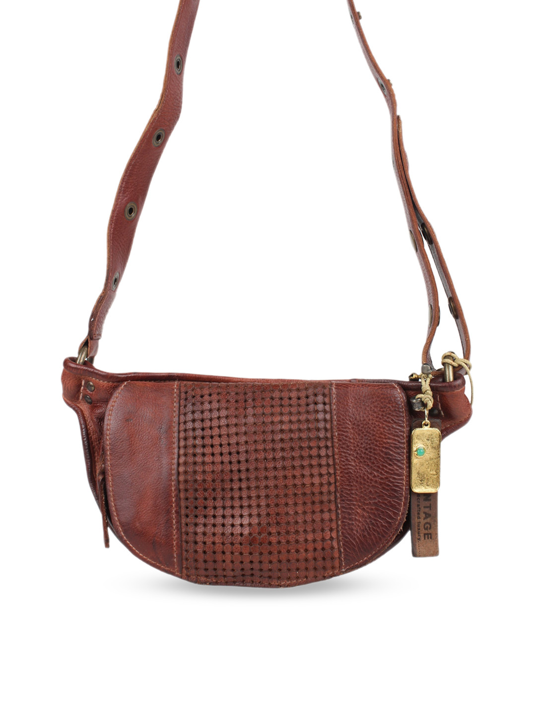 

ART N VINTAGE Camel Brown Textured Leather with Cut Work Perforated Waist Pouch