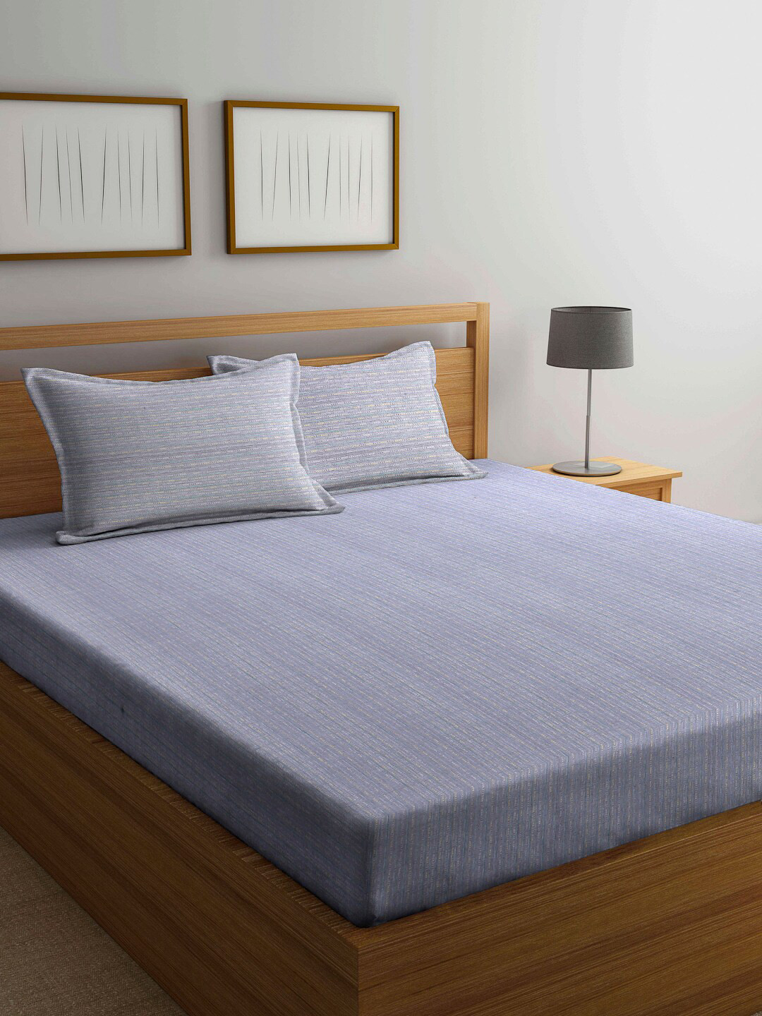 

Arrabi Grey Striped 300 TC King Bedsheet with 2 Pillow Covers