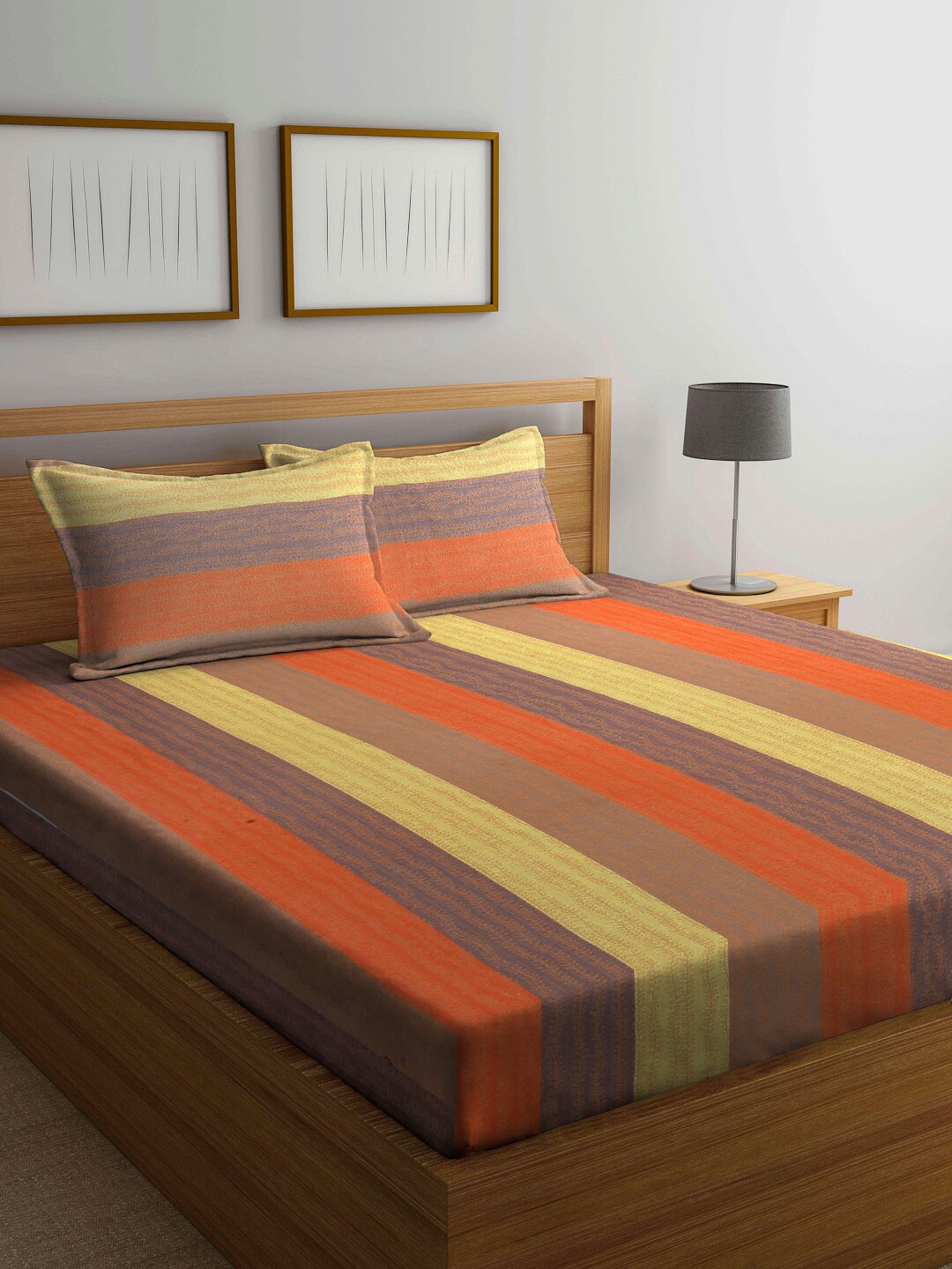 

Arrabi Orange & Yellow Striped 300 TC King Bedsheet with 2 Pillow Covers