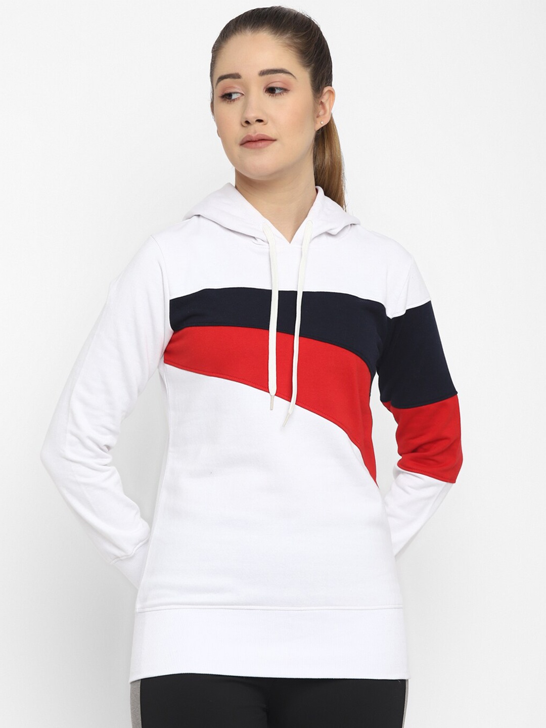 

OFF LIMITS Women White & Red Colourblocked Hooded Sweatshirt