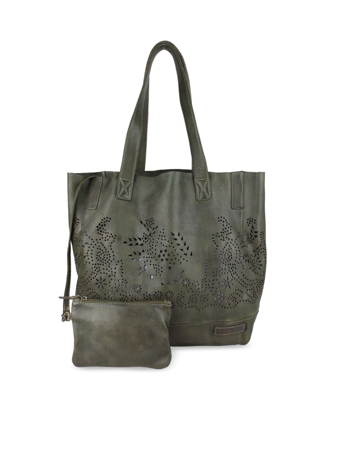 

ART N VINTAGE Olive Green Leather Self Design Oversized Shopper Tote Bag