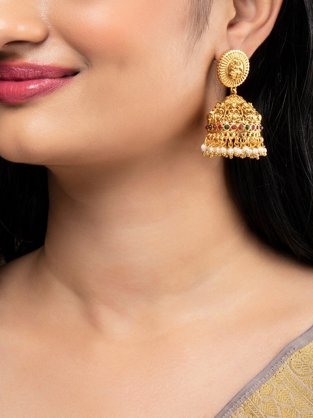 

Rubans Pink & Green Gold-Plated Handcrafted Temple Beaded Dome Shaped Jhumkas
