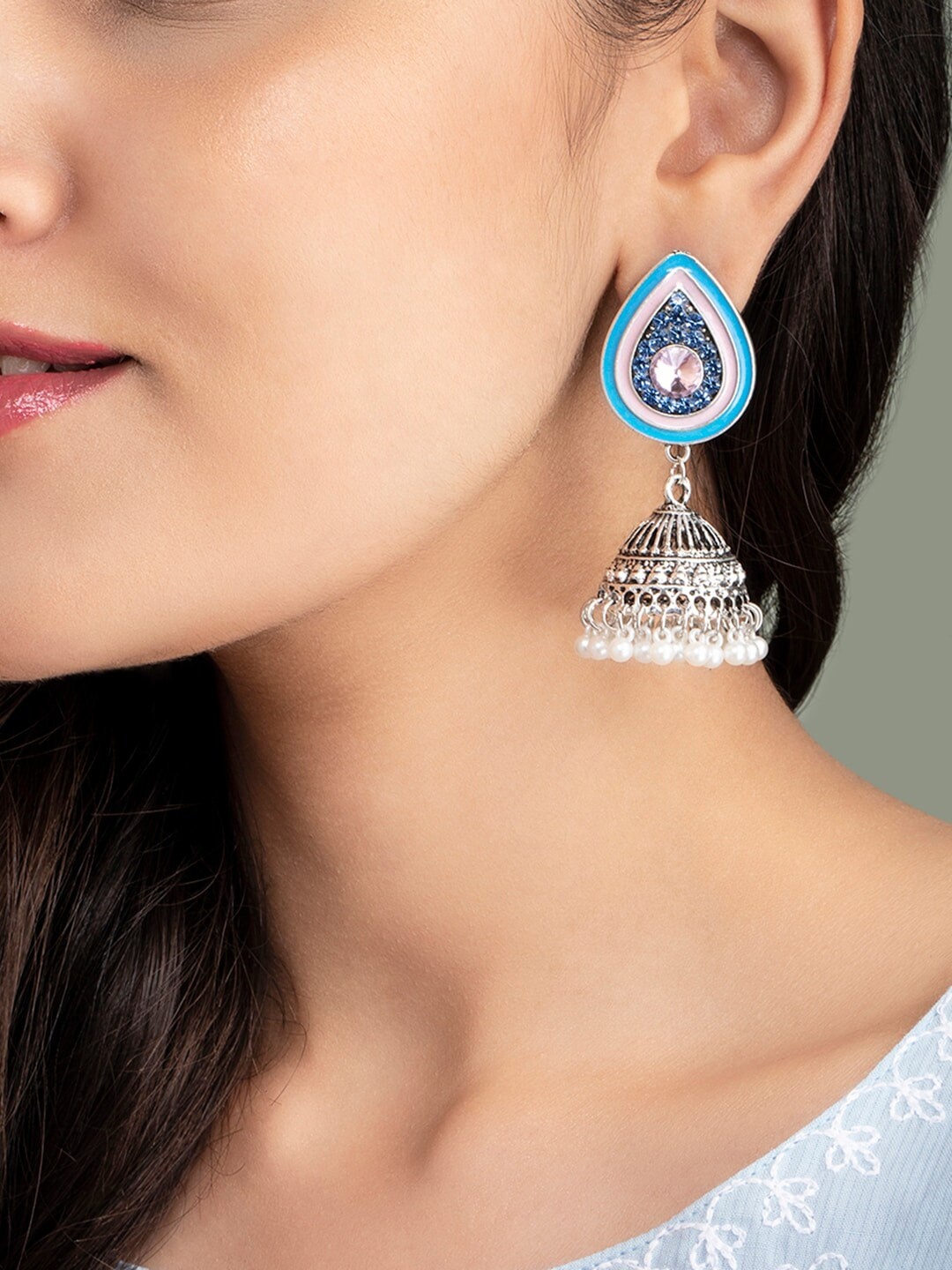 

Rubans Oxidised Silver-Toned & Blue Enamelled Beaded Stone-Studded Dome Shaped Jhumkas
