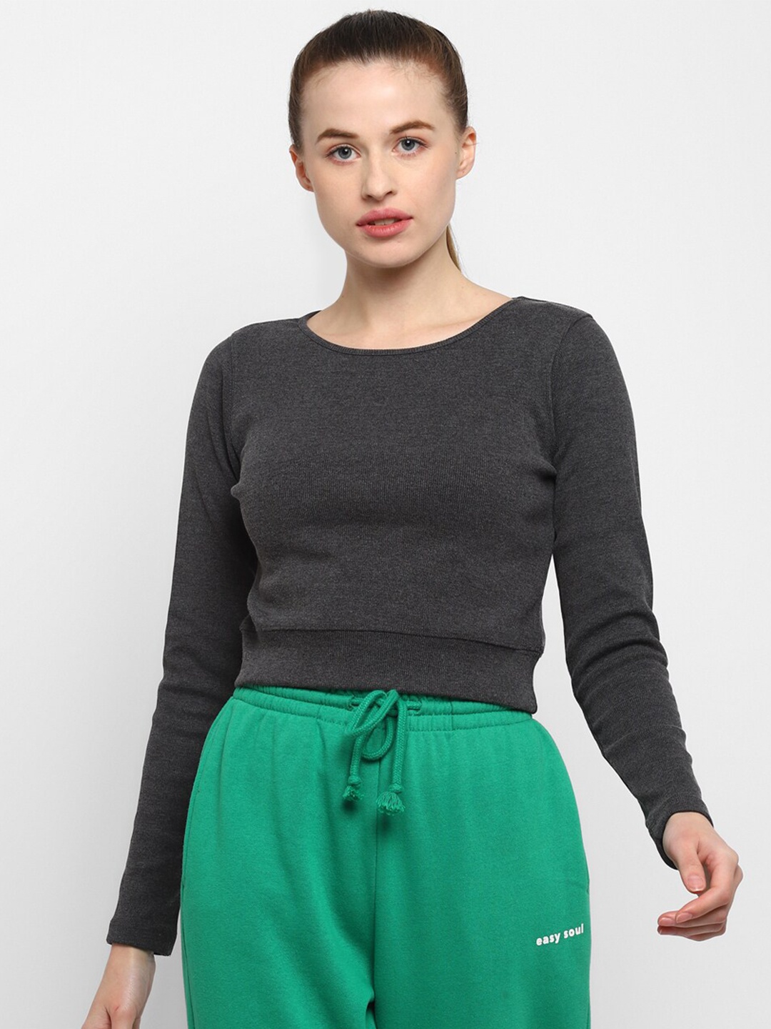 

OFF LIMITS Women Charcoal Grey Solid Boat Neck T-shirt