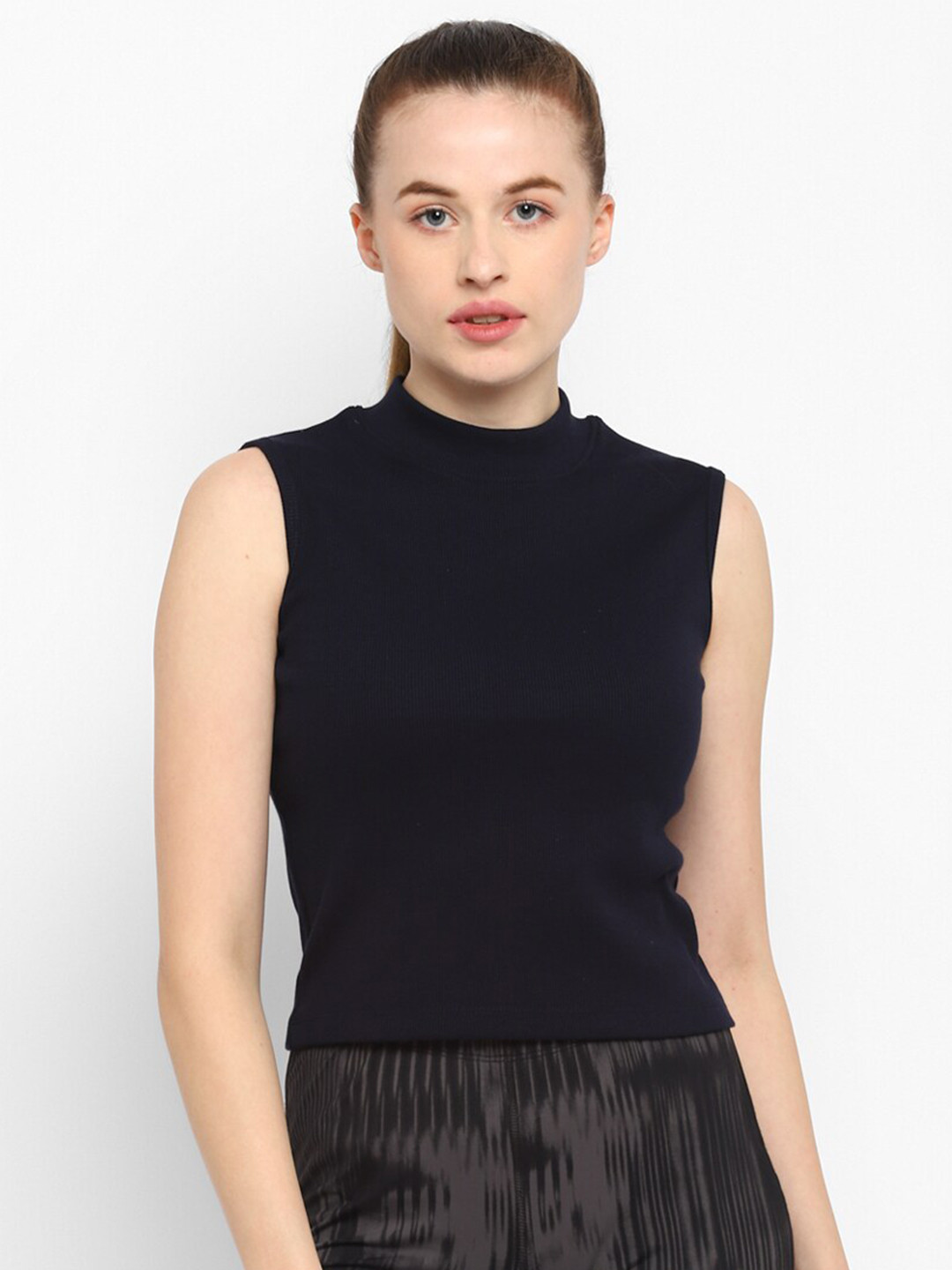

OFF LIMITS Women Navy Blue Solid High Neck T-shirt