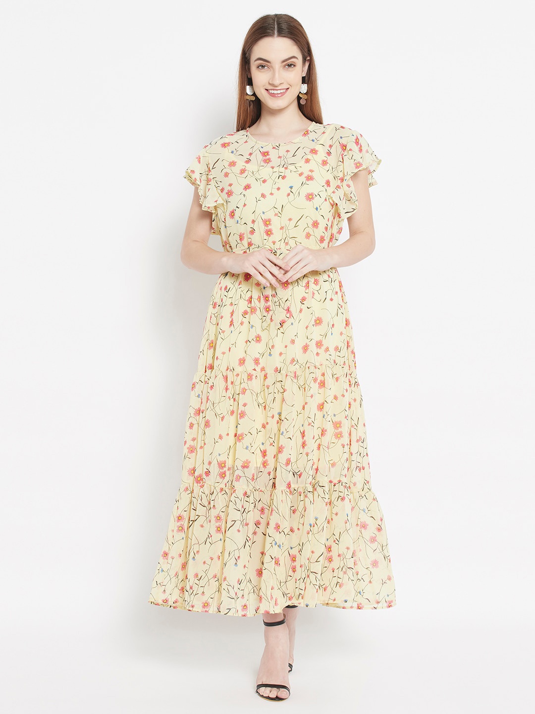 

HOUSE OF KKARMA Women Yellow Floral Printed Georgette Maxi Dress