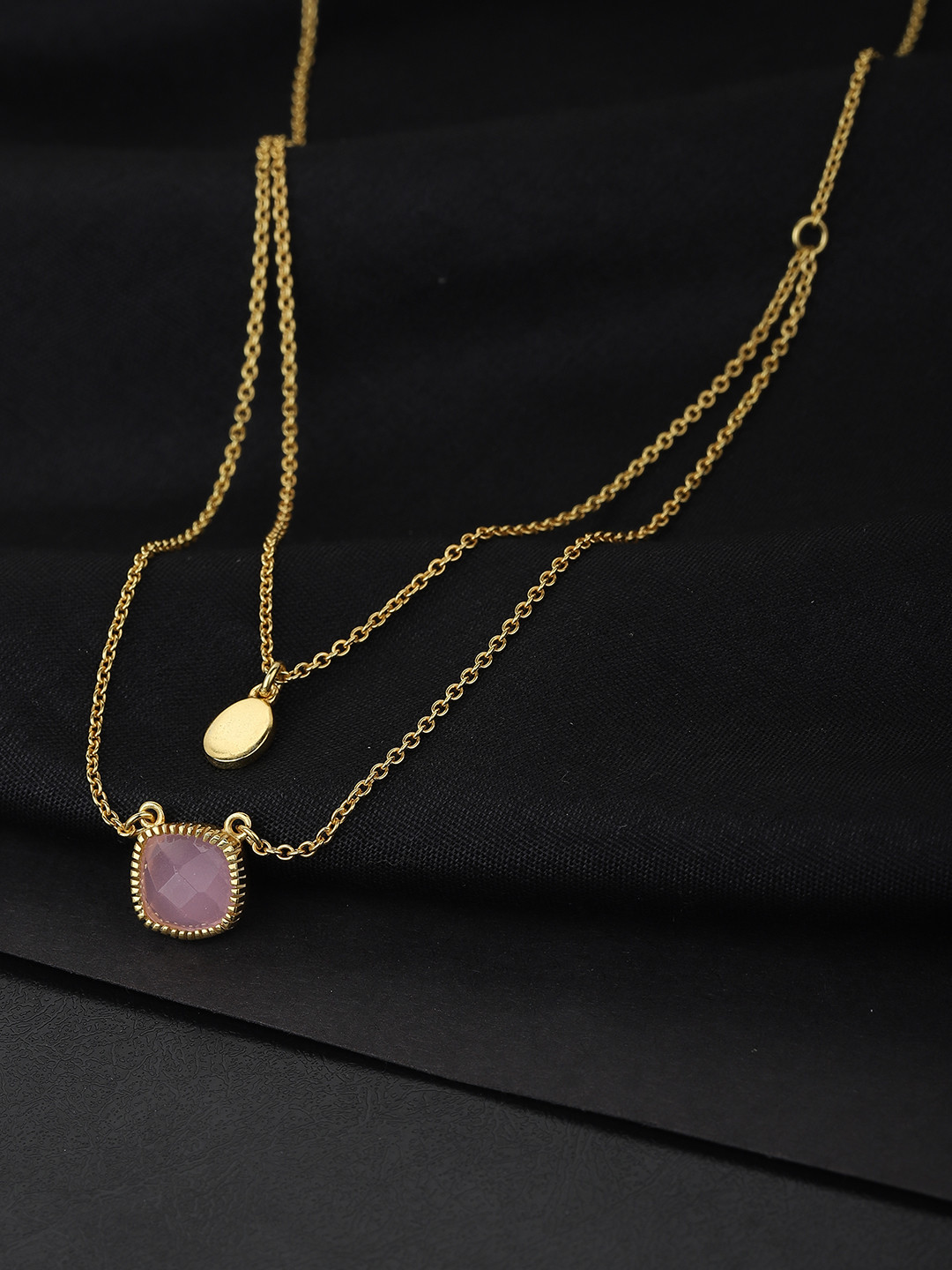 

VANBELLE Women Gold-Toned & Pink Stone 925 Sterling Silver Studded Two Layered Necklace