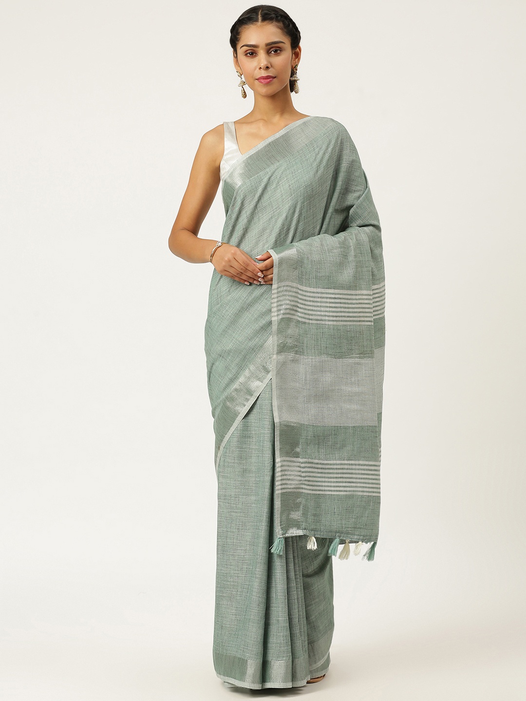 

KARAGIRI Grey Melange & White Linen Blend Saree