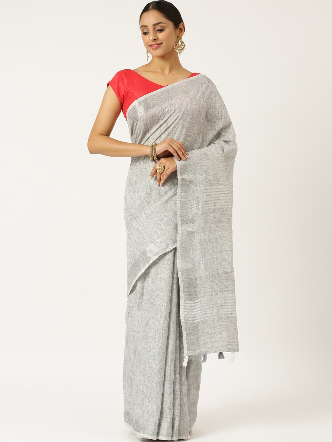 

KARAGIRI Grey & Silver-Toned Linen Blend Saree