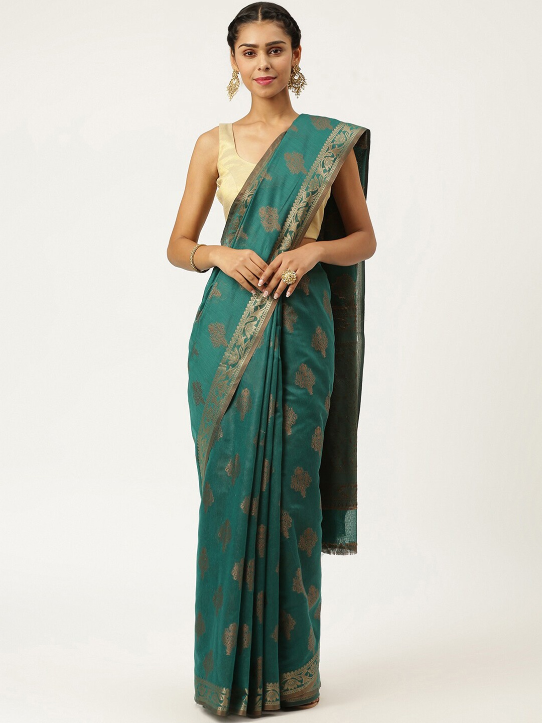 

KARAGIRI Blue & Copper-Toned Ethnic Motifs Zari Saree