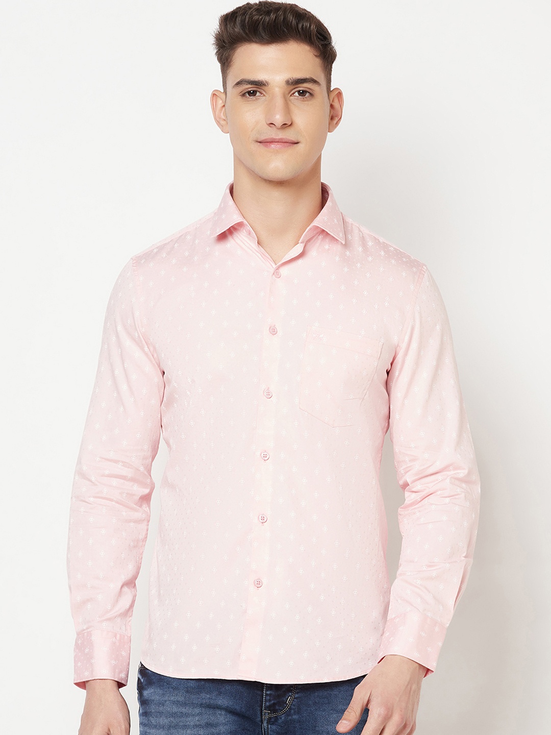 

Crimsoune Club Men Pink & White Slim Fit Micro Ditsy Printed Pure Cotton Casual Shirt