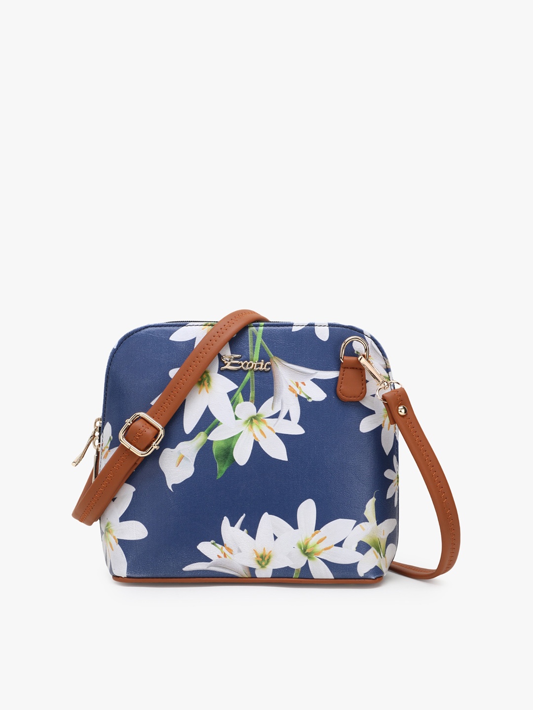 

Exotic Navy Blue Floral Printed PU Sling Bag