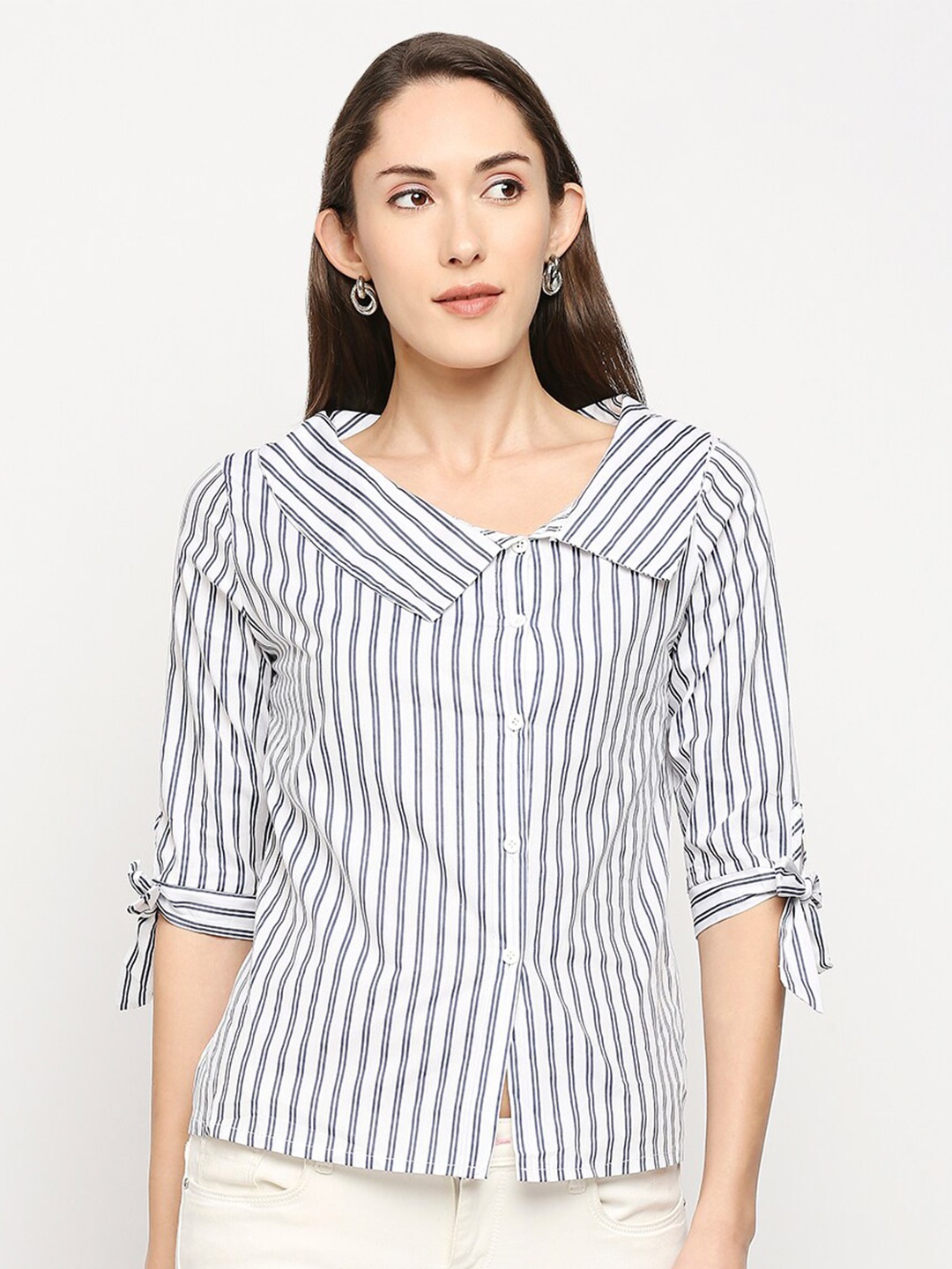 

LYKKEIN Blue Striped Shirt Style Top