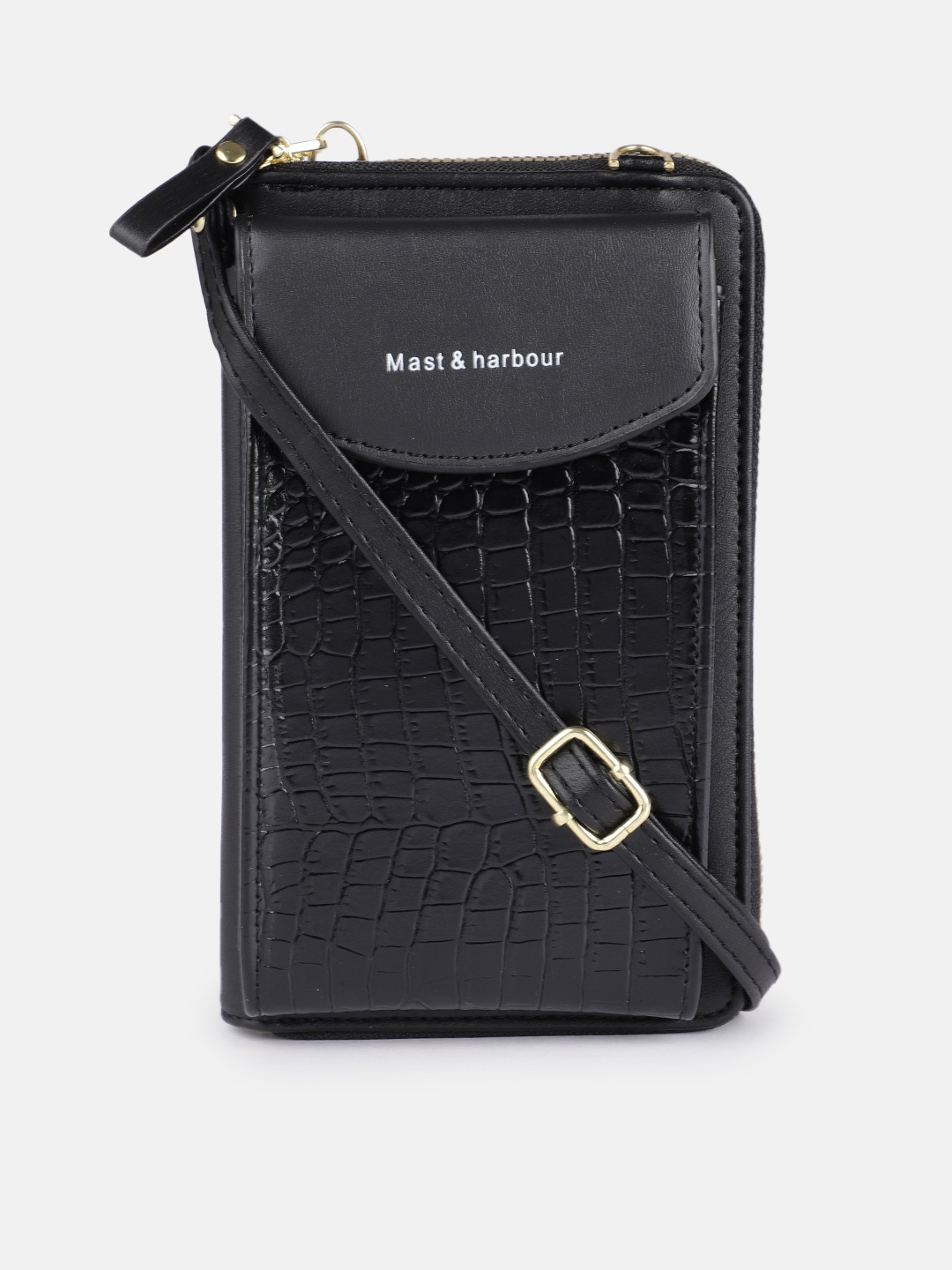 

Mast & Harbour Women Black Textured Mobile Pouch with Sling Strap