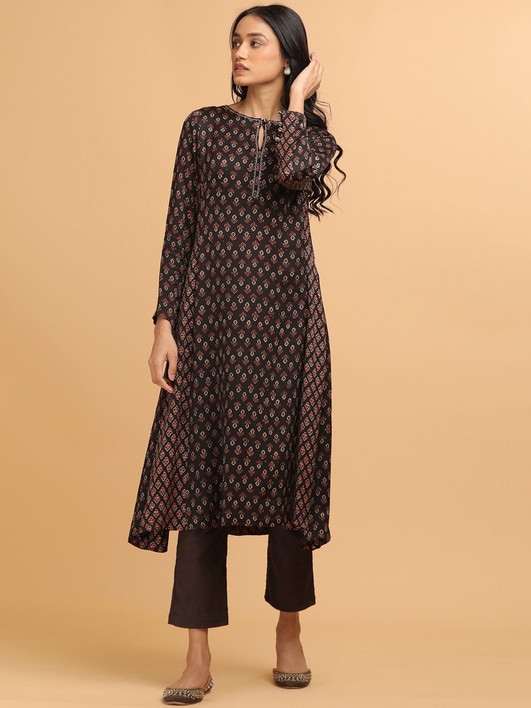 

W The Folksong Collection - Women Dark Brown Panelled Ajrakh Print Kurta