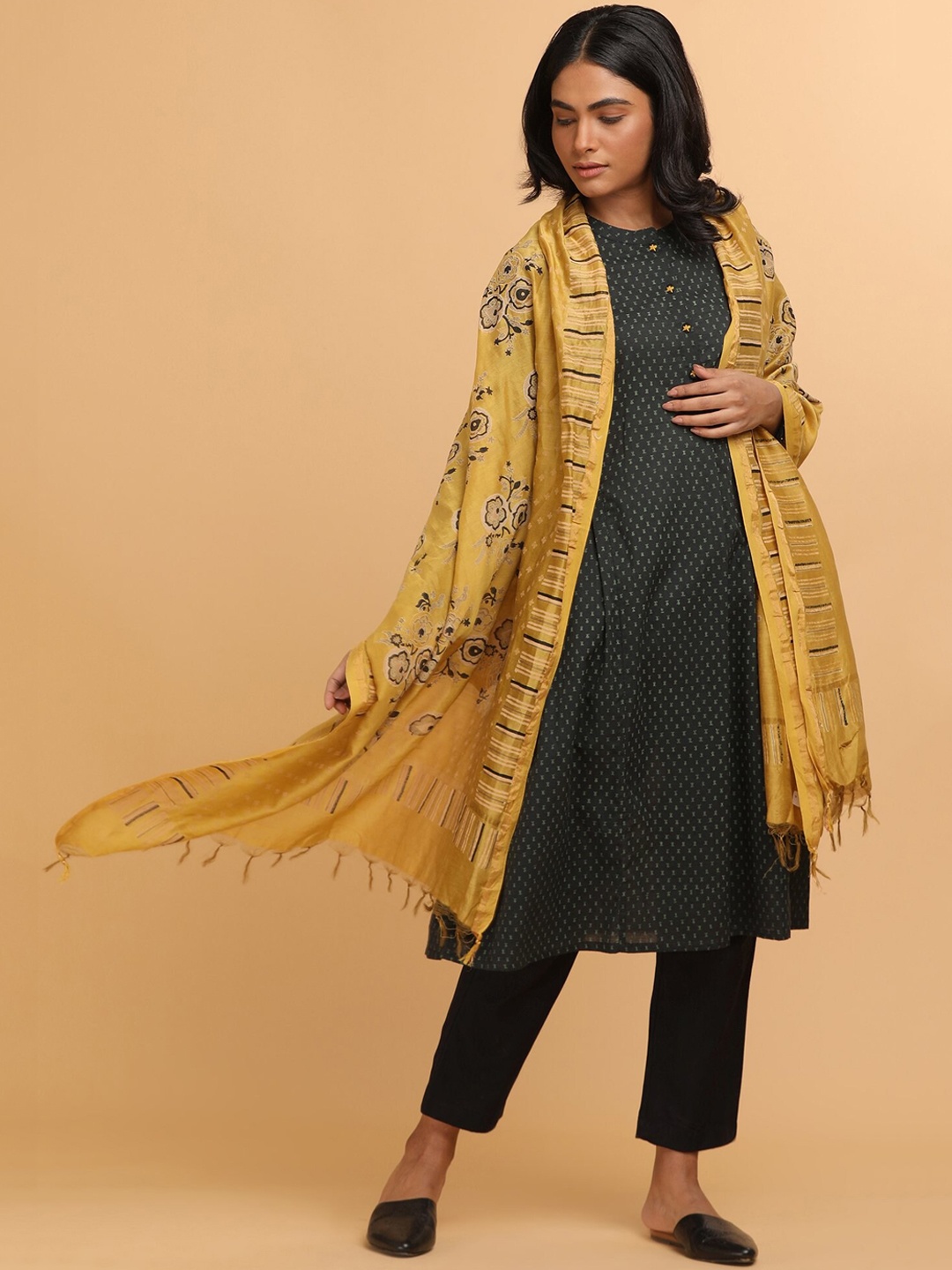 

W The Folksong Collection - Women Dark Grey Hand Block Print Shirt Dress, Green