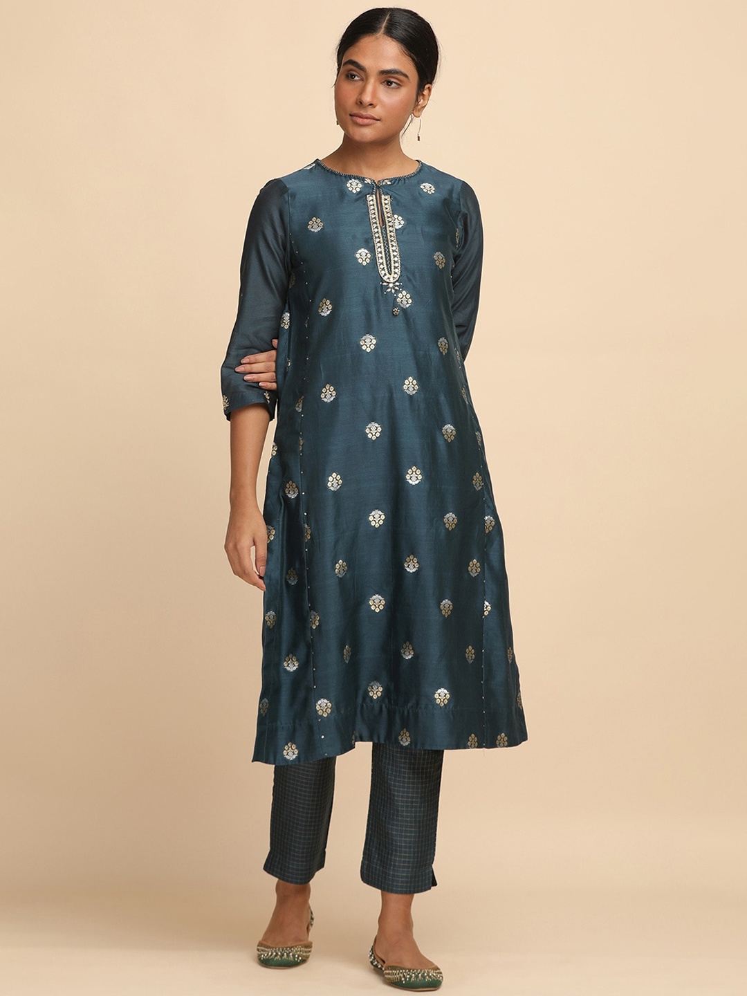 

W The Folksong Collection - Women Teal Blue And Gold Cotton Silk Jacquard Kurta