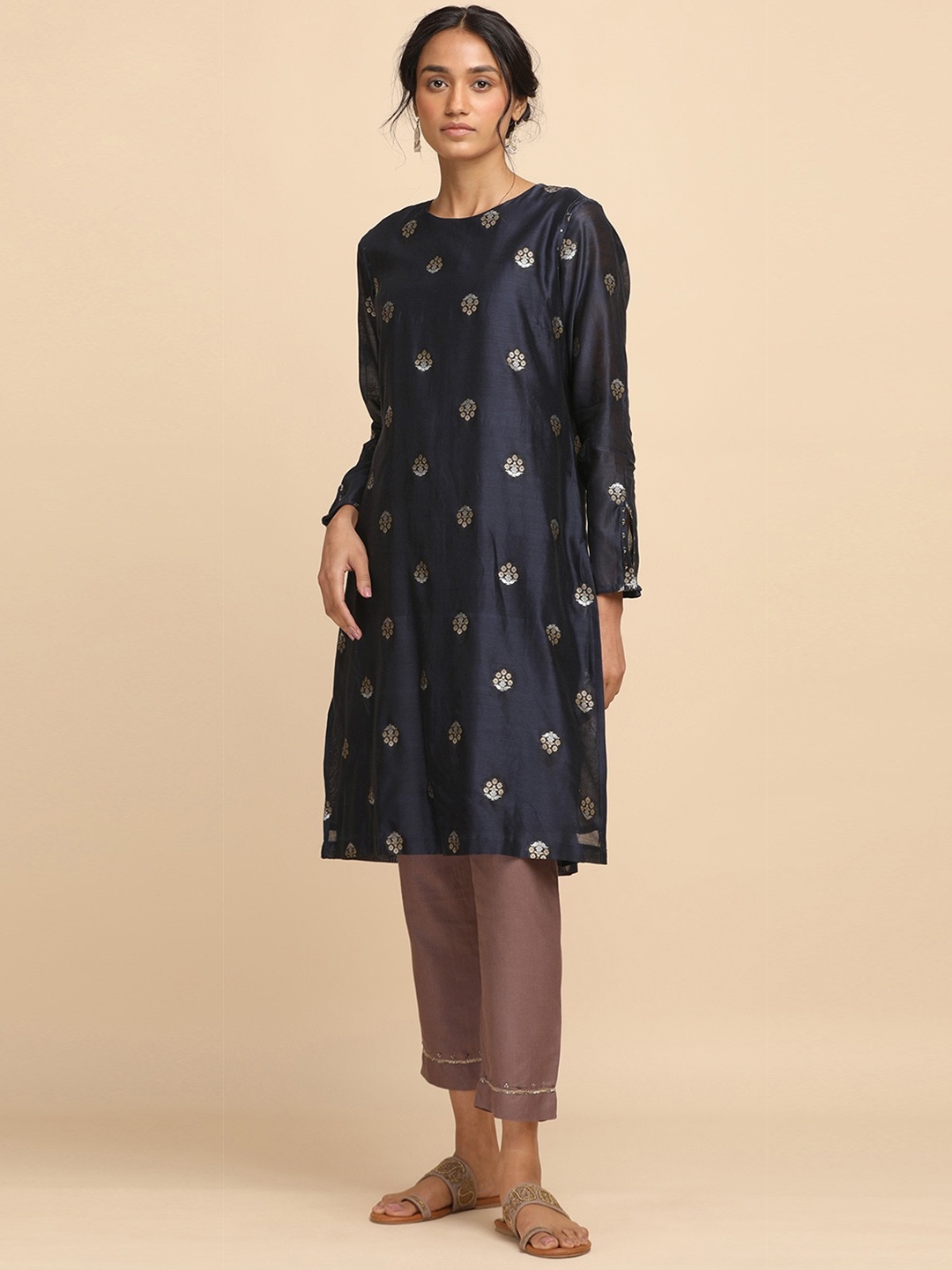 

W The Folksong Collection - Women Blue And Gold Cotton Silk Jacquard Kurta