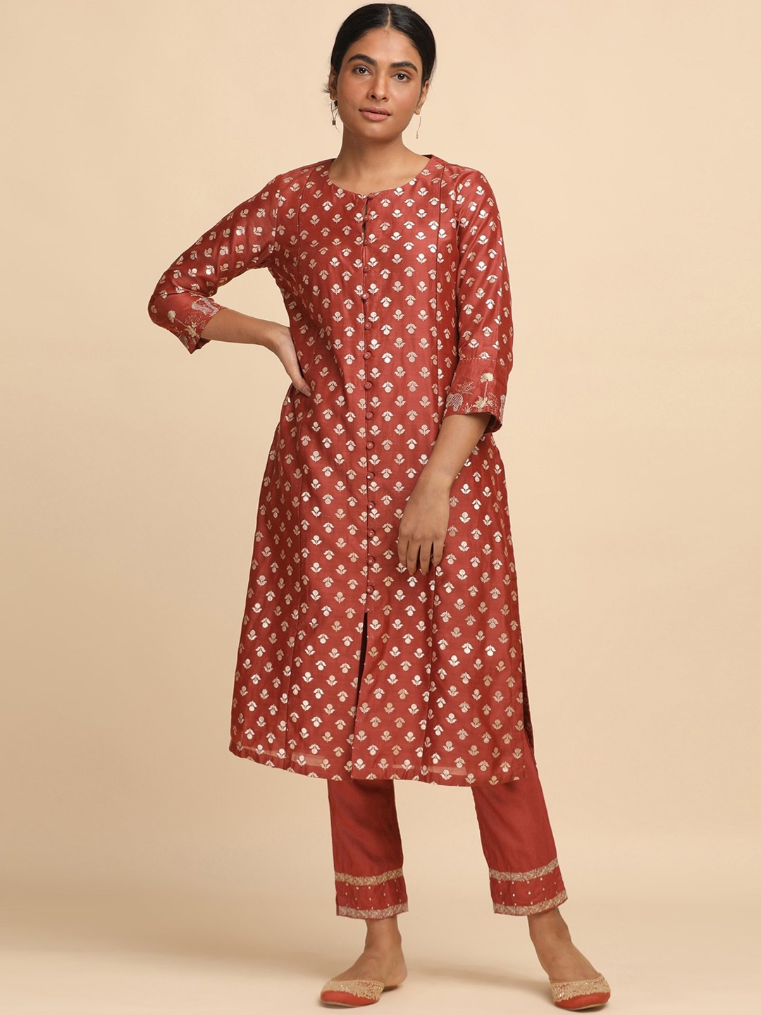 

W The Folksong Collection - Red Cotton Silk Jacquard Kurta