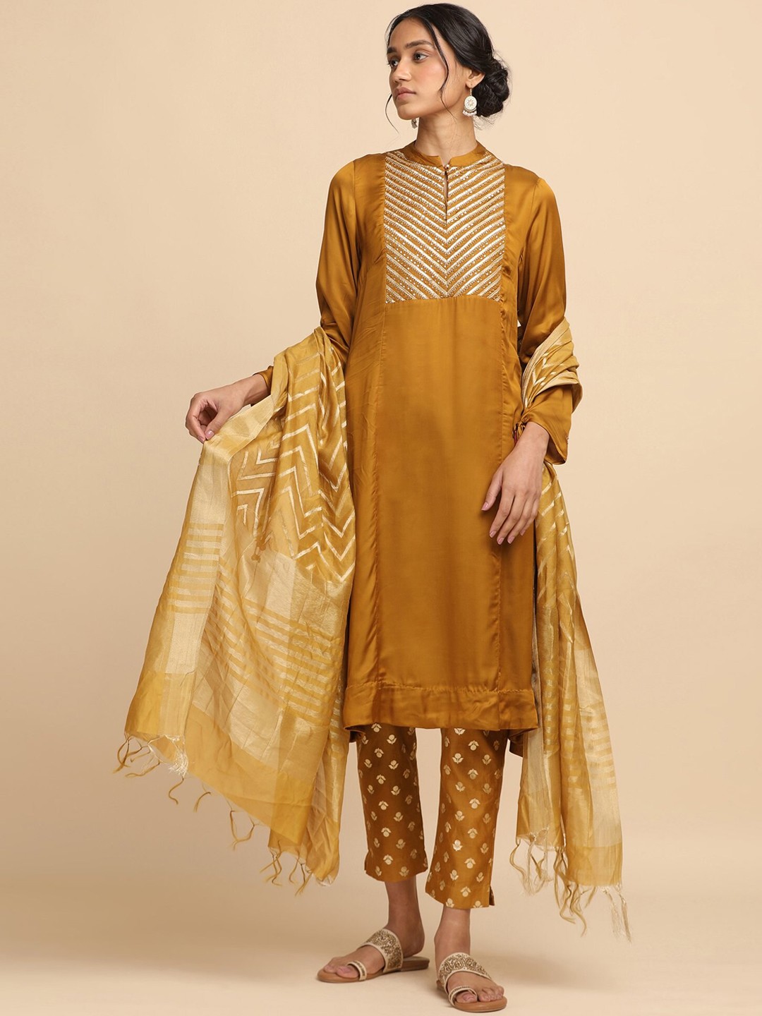

W The Folksong Collection - Women Dark Yellow Lustrous Modal Satin Kurta, Gold