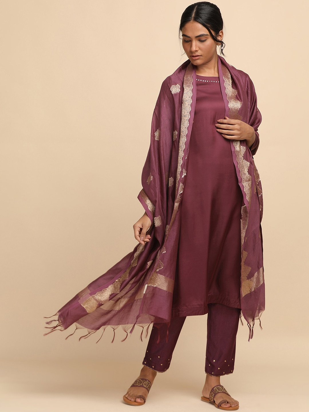 

W The Folksong Collection - Women Prune Modal Satin Solid Kurta, Burgundy