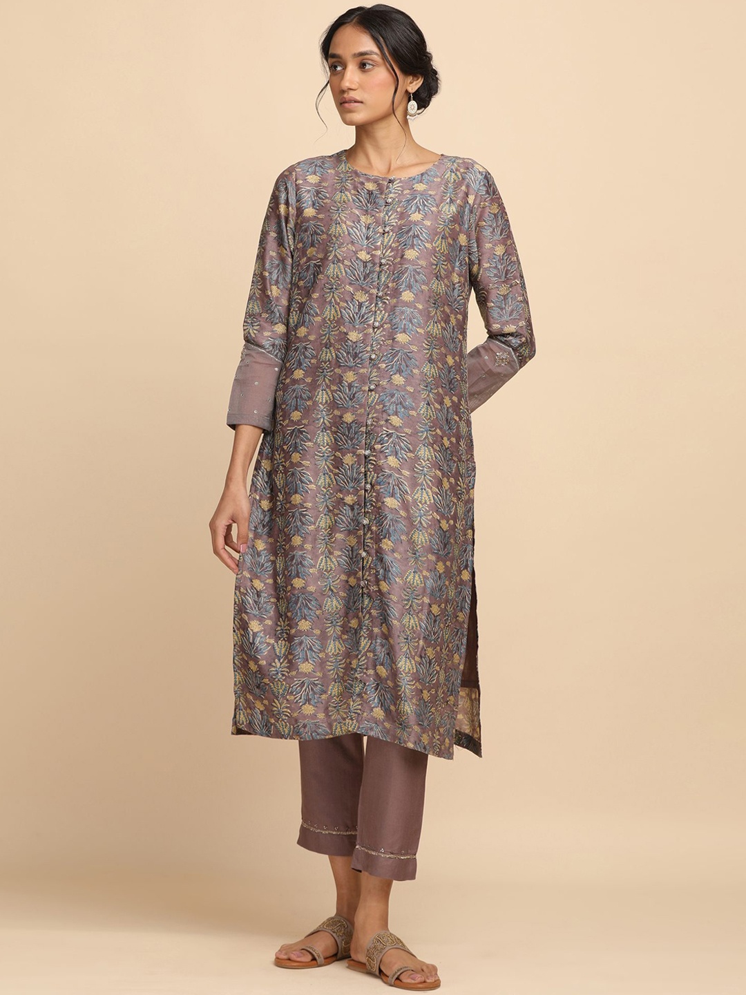 

W The Folksong Collection - Women Light Grey Front Open Cotton Silk Kurta
