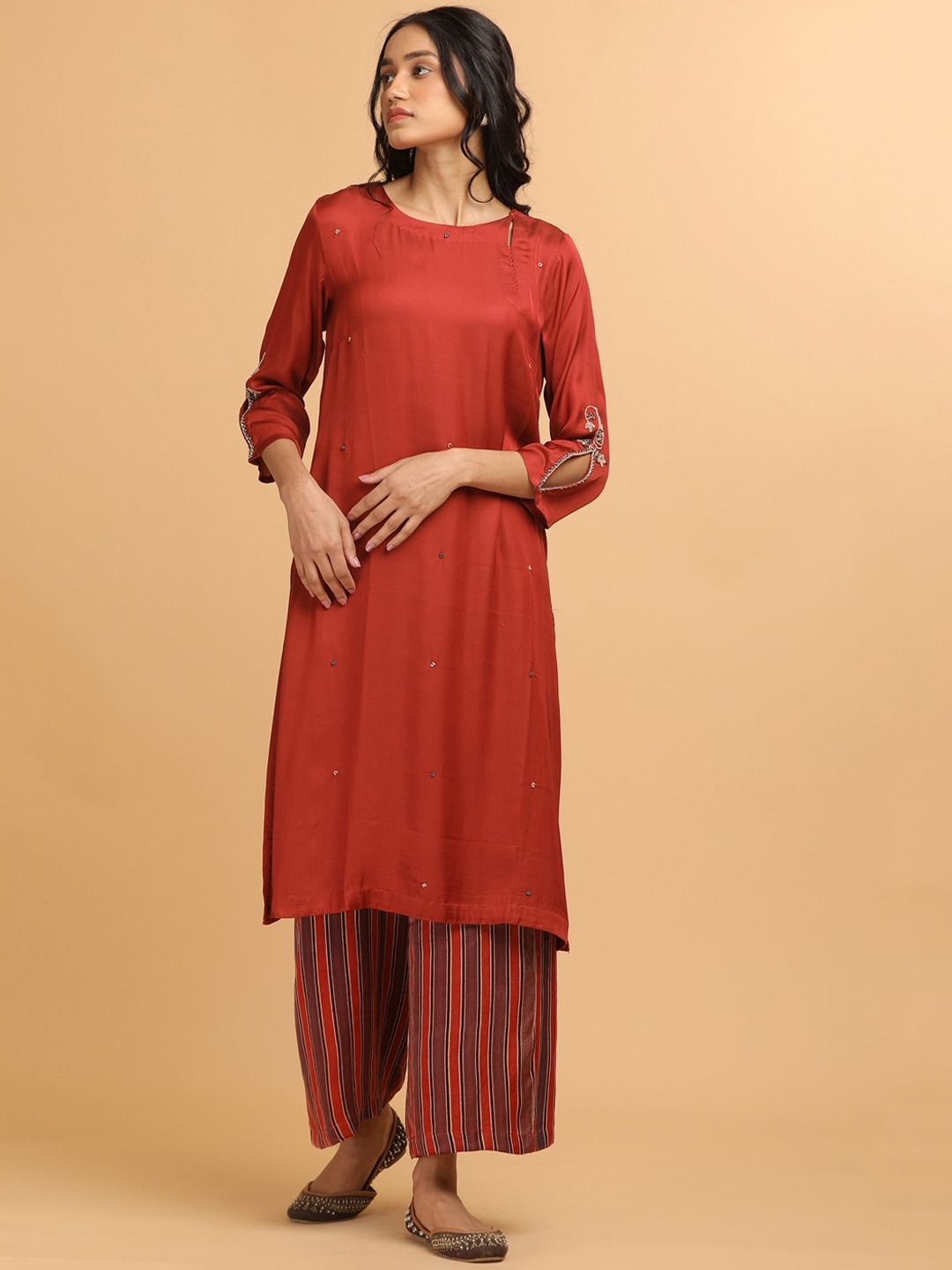 

W The Folksong Collection - Women Red Modal Satin Solid Kurta