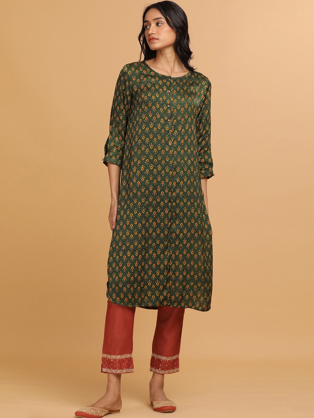 

W The Folksong Collection - Women Green Ajrakh Print Mid-Length Kurta