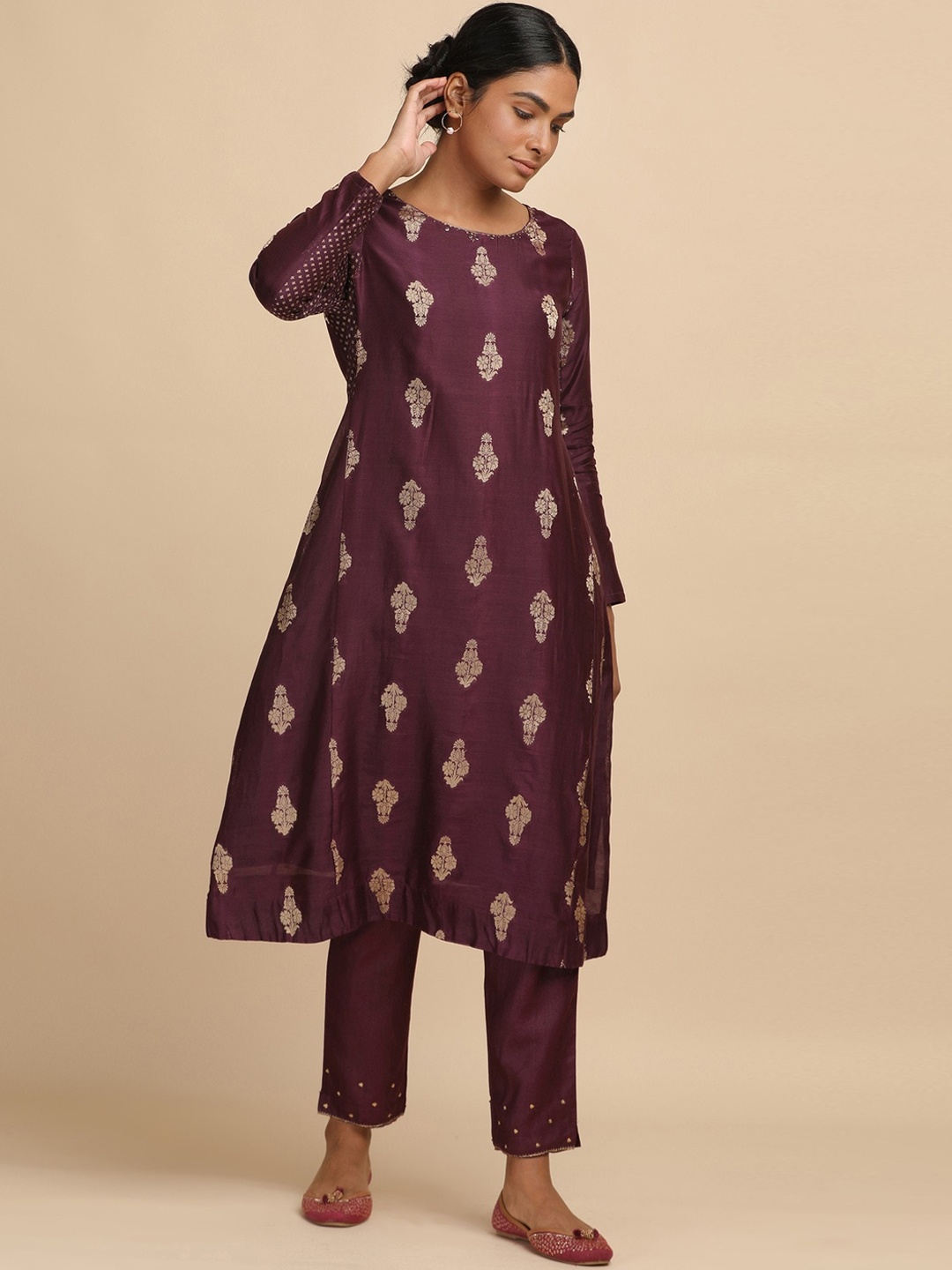 

W The Folksong Collection - Women Prune Modal Satin Solid Kurta, Purple