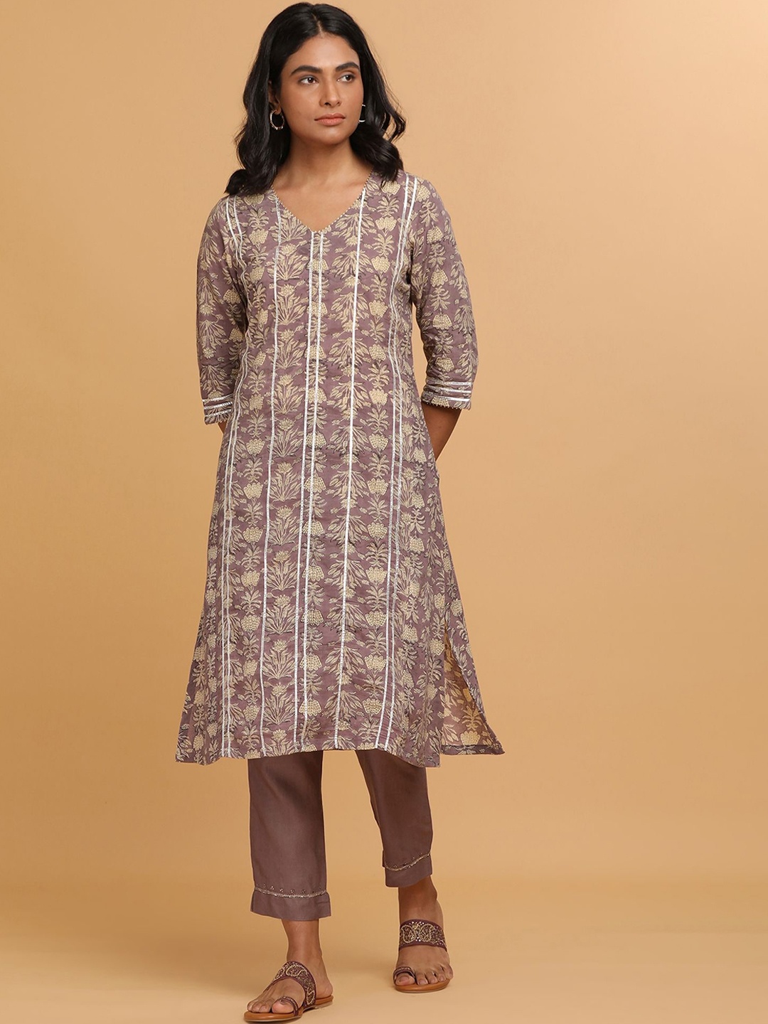 

W The Folksong Collection - Women Purple Hand Block Print Gota Kurta