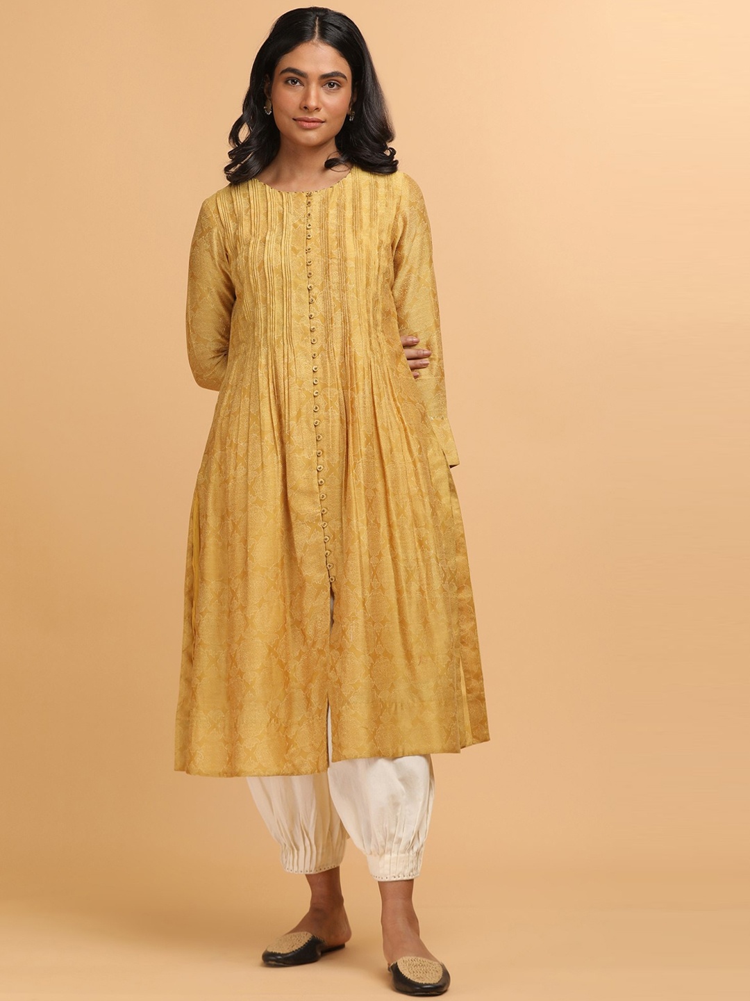 

W The Folksong Collection - Women Mustard Hand Block Print Kurta In Cotton Silk, Yellow