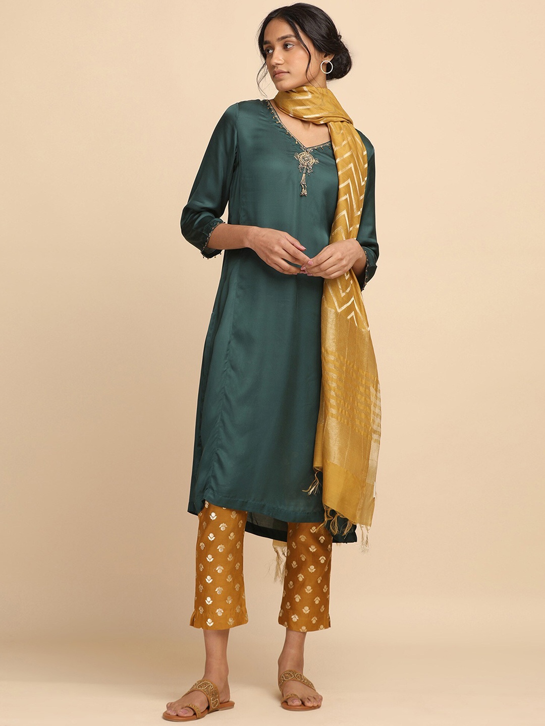 

W The Folksong Collection - Women Dark Green Ajrakh Print Kurta In Modal Satin, Grey