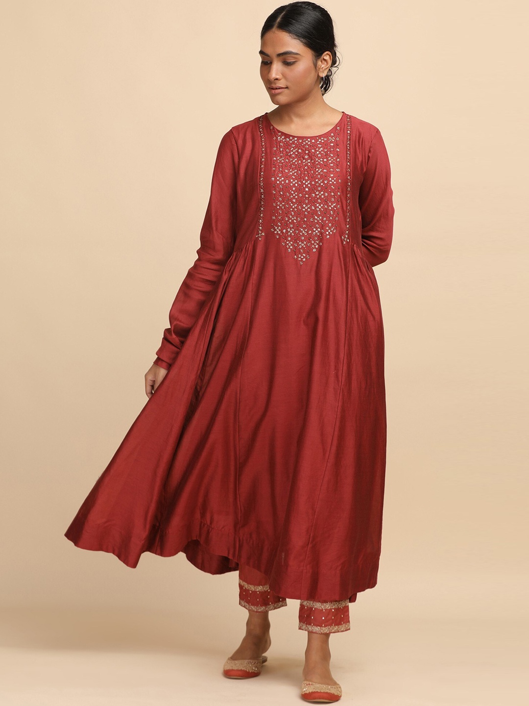 

W The Folksong Collection - Women Red Flared Cotton Silk Kurta