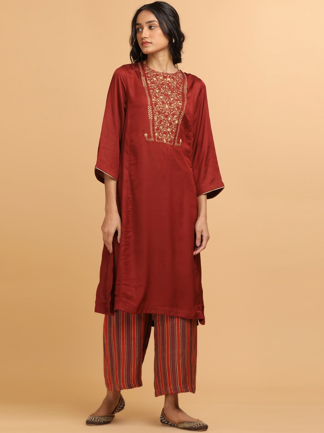 

W The Folksong Collection - Women Red Solid Kurta In Lustrous Modal Satin