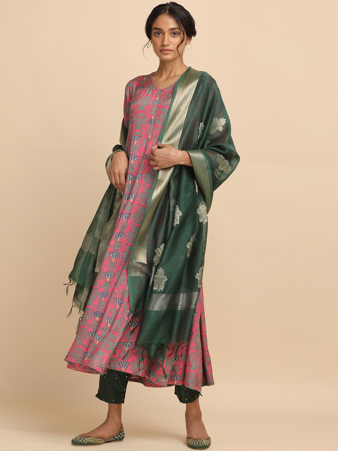 

W The Folksong Collection - Women Pink Hand Block Print Anarakali Kurta