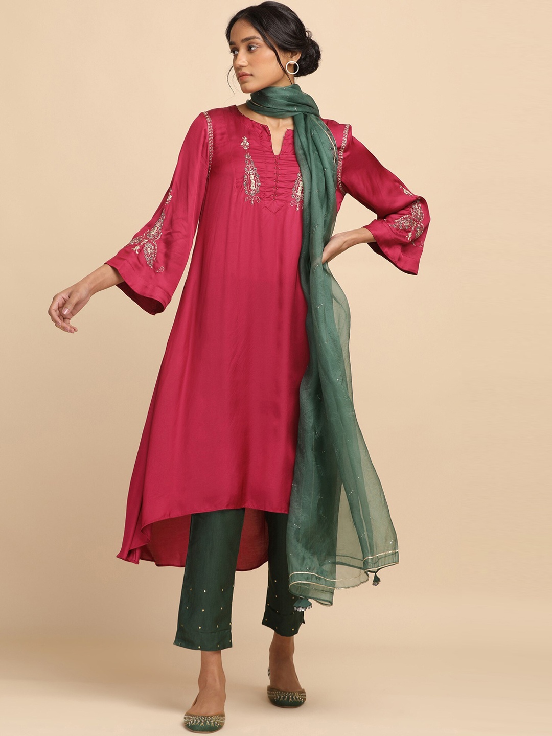 

W The Folksong Collection - Women Fuchsia Modal Satin Flared Kurta, Pink