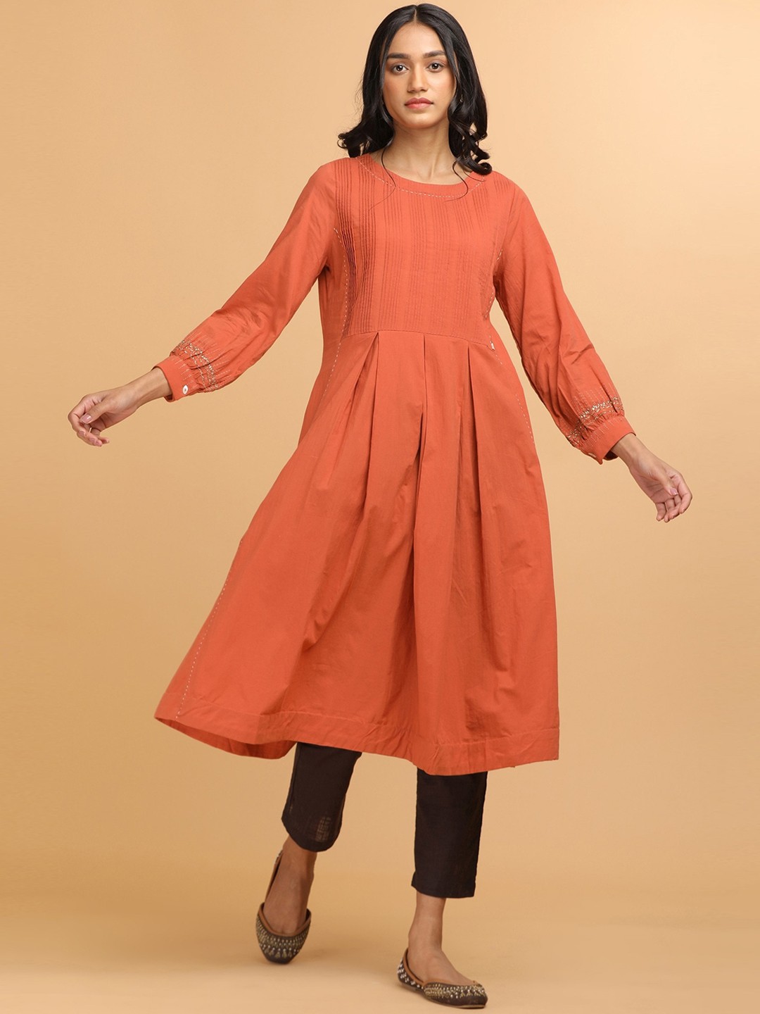 

W The Folksong Collection - Women Orange Pleated Voile Kurta