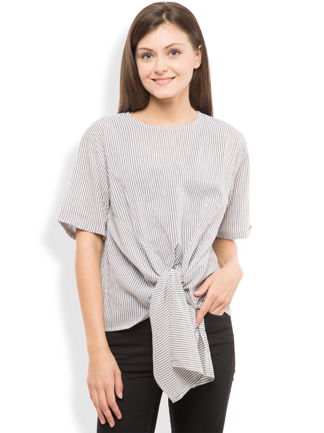 

Tokyo Talkies Women White & Grey Striped Boxy Top