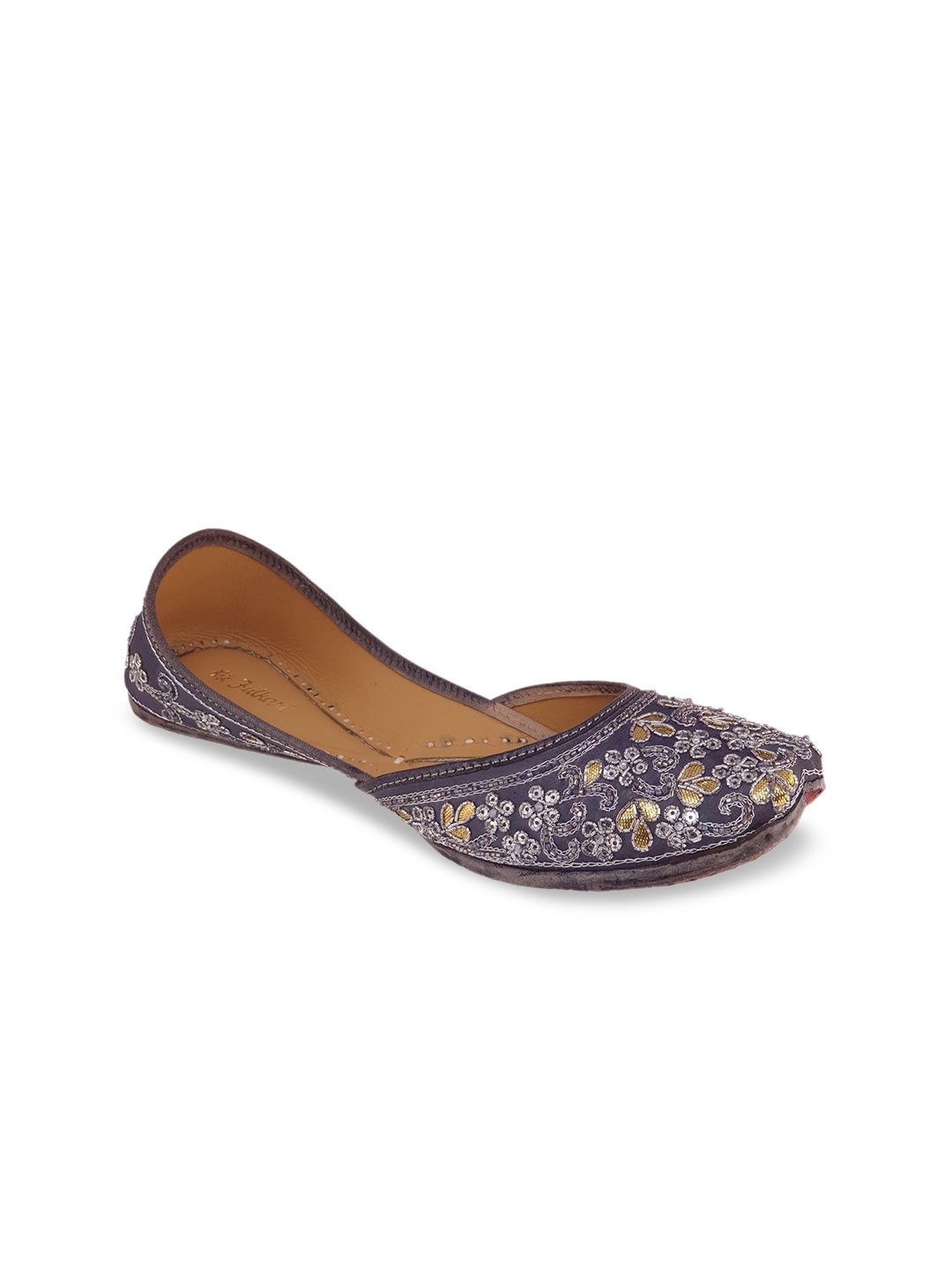 

Fulkari Women Grey Embellished Leather Ethnic Mojaris Flats