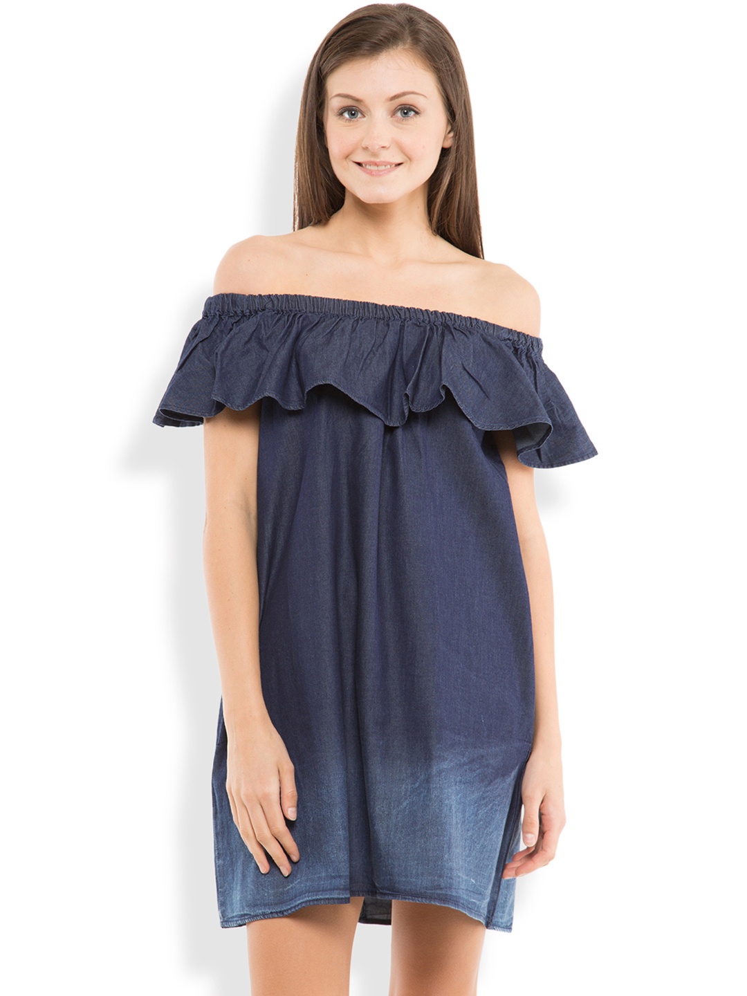 

Tokyo Talkies Women Navy Ombre Dyed Off-Shoulder A-line Dress, Navy blue