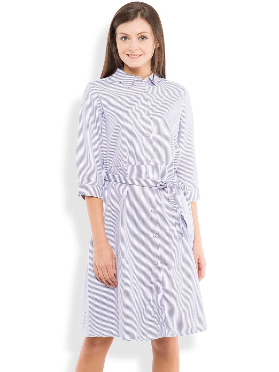 

Tokyo Talkies Women White & Navy Striped Shirt Dress