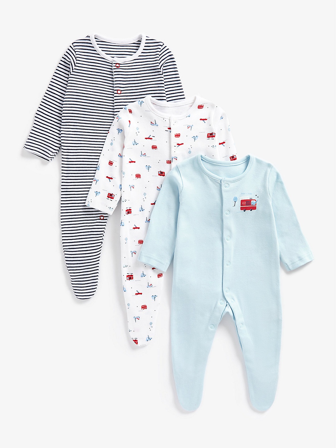 

mothercare Boys Pack of 3 Printed Pure Cotton Full Sleeves Sleepsuits, Blue