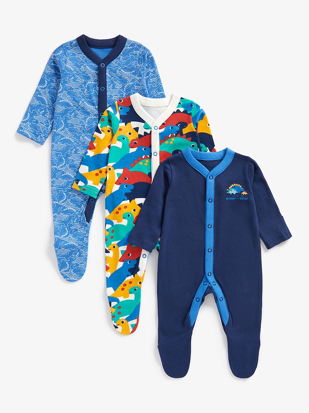 

mothercare Infant Boys Blue Pack Of 3 Printed Pure Cotton Sleepsuits