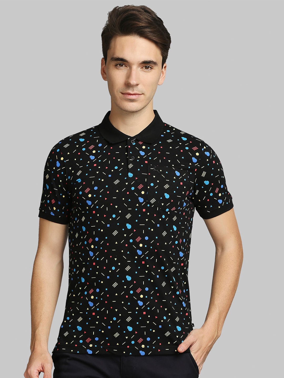 

Parx Men Black & Blue Geometric Printed Cotton Polo Collar T-shirt