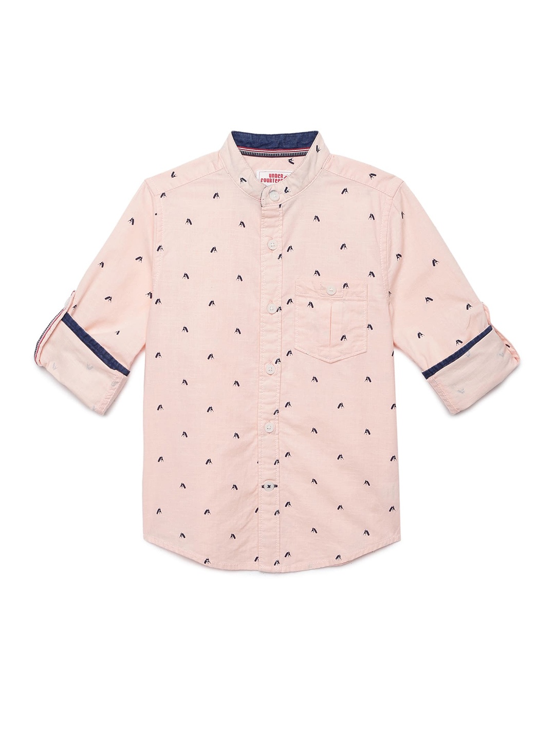 

UNDER FOURTEEN ONLY Boys Peach-Coloured & Navy Blue Printed Cotton Casual Shirt