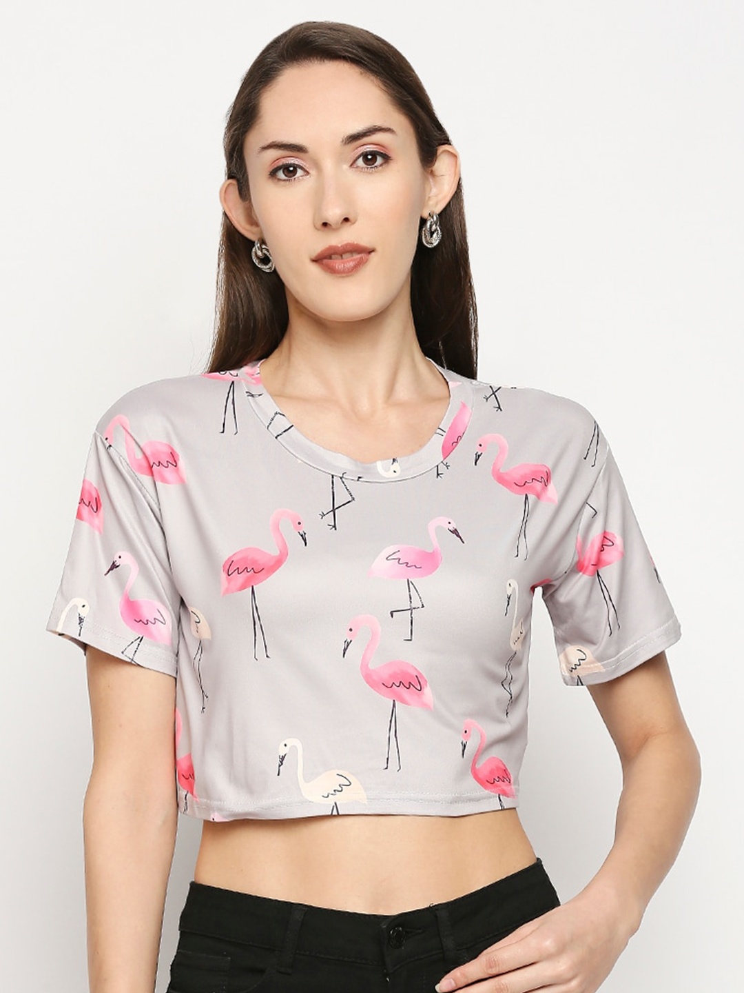 

LYKKEIN Women Grey & Pink Floral Printed Crop T-shirt