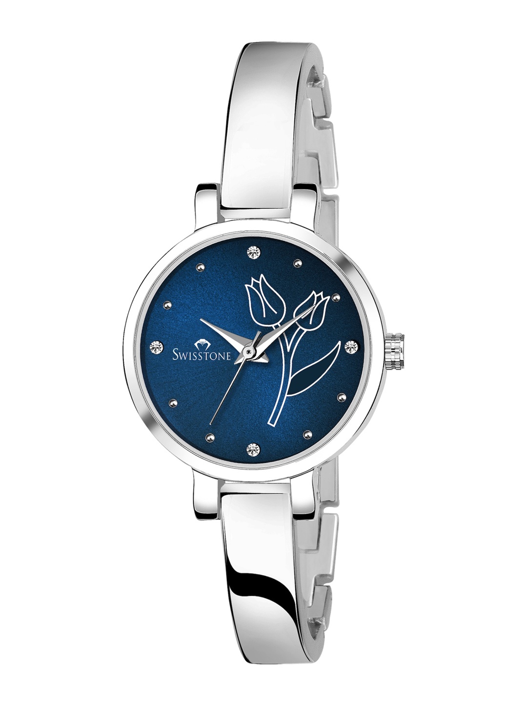 

SWISSTONE Women Blue Brass Embellished Dial & Silver Toned Bracelet Style Straps Analogue Watch