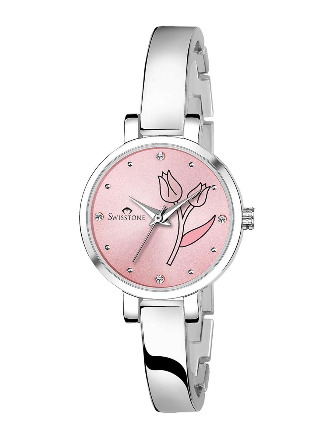 

SWISSTONE Women Pink Brass Embellished Dial & Silver Toned Bracelet Style Straps Analogue Watch