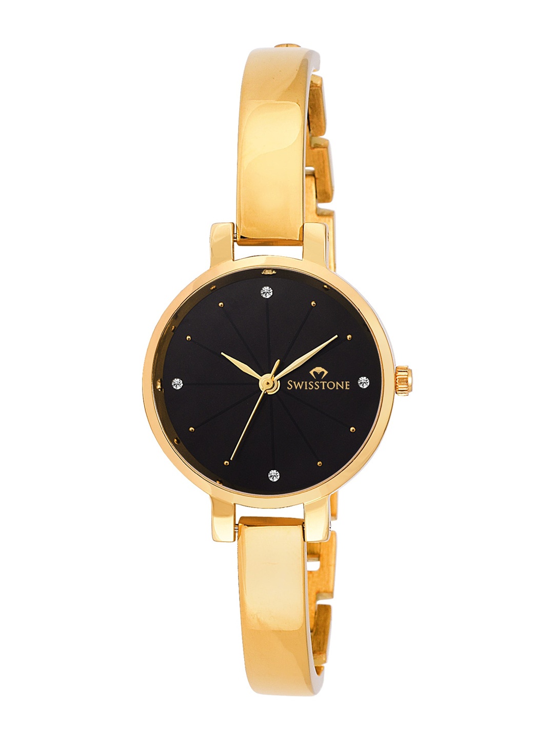 

SWISSTONE Women Black Brass Embellished Dial & Gold Toned Bracelet Style Straps Analogue Watch