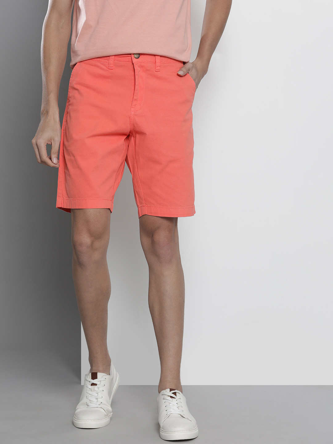 

Nautica Men Coral Pink Solid Slim Fit Denim Shorts
